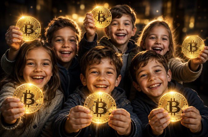 A group of smiling children holding up glowing gold Bitcoin tokens against a warm, blurred background.