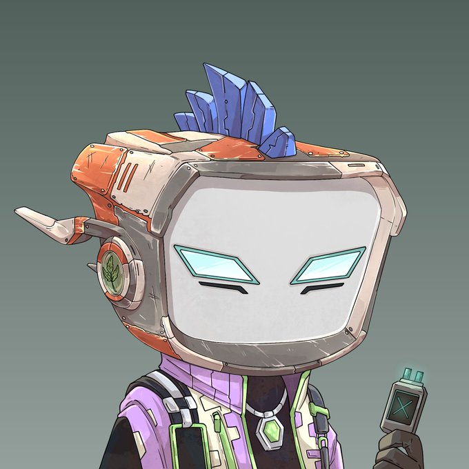 A cartoon-style illustration of a robot character with a TV-shaped head displaying a glowing screen face, blue crystalline hair spikes, and a horn, wearing a purple jacket and holding a small device.