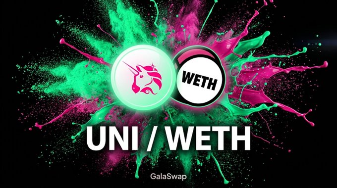 Vibrant pink and green paint splatter graphic featuring the Uniswap (UNI) unicorn logo and WETH token emblem side by side, with "UNI / WETH" prominently displayed and "GalaSwap" branding at the bottom, promoting the highlighted liquidity pool details.