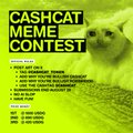 A poster titled "CASH CAT MEME CONTEST" features a small cat lying on a green carpet and lists three themed categories: MEOW POWER, CAT-N-FLATION, and PAK-CHON.