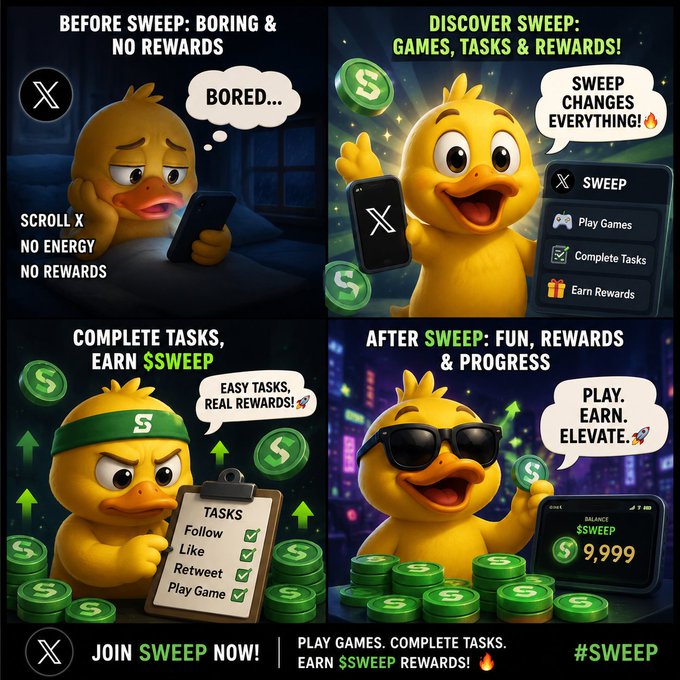 A four-panel promotional graphic for "SWEEP" featuring a yellow duck character, with text including "BEFORE SWEEP: BORING & NO REWARDS," "DISCOVER SWEEP: GAMES, TASKS & REWARDS!," and "JOIN SWEEP NOW!"
