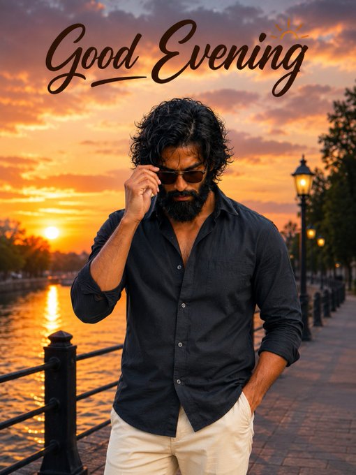 A bearded man in a black shirt and sunglasses stands by a riverside at golden hour beneath the text "Good Evening," capturing a calm, reflective moment that mirrors the post's reminder to slow down, breathe, and engage thoughtfully rather than rushing through the day.