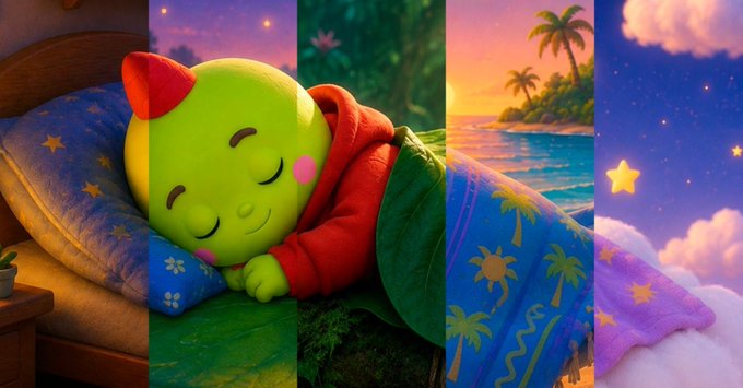 A green cartoon dinosaur character sleeping peacefully on a pillow, with a multi-panel background showing stars, a forest, a tropical beach, and a starry night sky.