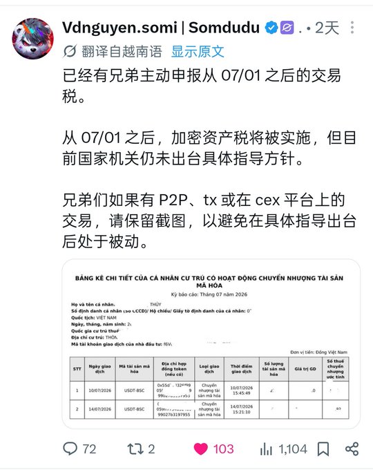 A Vietnamese translation of a Somdudu X post discussing crypto tax declarations in Vietnam after 07/01, advising users to keep records of P2P, on-chain, and CEX transactions, with an attached tax declaration form.