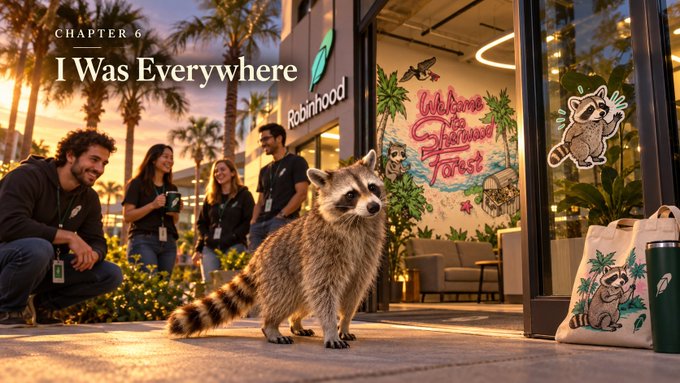 A raccoon stands on a sidewalk outside a store called 'Robinhood' during sunset, with people in the background and the chapter title 'CHAPTER 6: I Was Everywhere' displayed in the upper left.