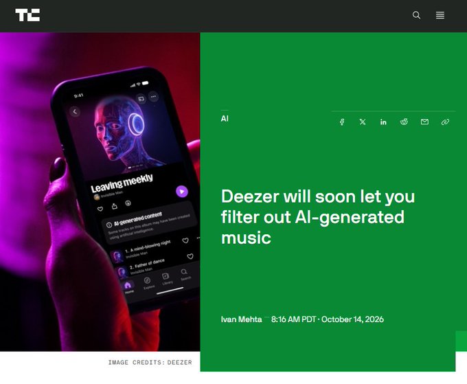 A TechCrunch article titled 'Deezer will soon let you filter out AI-generated music' by Ivan Mehta, dated October 14, 2026, features a phone displaying the Deezer app with an AI-generated content warning.