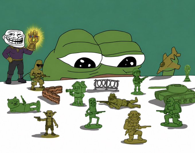 A meme-style cartoon featuring a large Pepe the Frog head in the background with various green plastic army men figures, a trollface character with the Infinity Gauntlet, and a tank in the foreground.