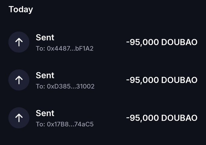 A dark mobile app screen titled 'Today' showing three transaction entries labeled 'Sent' with amounts of '-95,000 DOUBAO' to different crypto addresses.