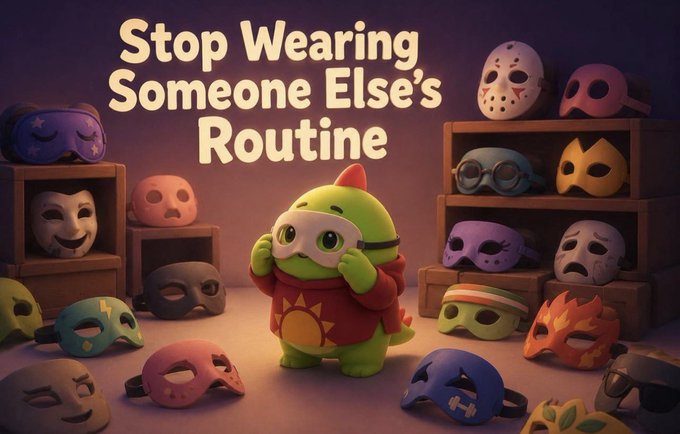 An illustrated scene titled "Stop Wearing Someone Else's Routine" featuring a green dinosaur wearing a red sun shirt, holding up a mask, surrounded by various colorful masks on shelves.
