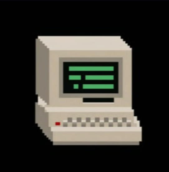 A pixel-art style illustration of a vintage beige desktop computer with a green text display and a red power indicator.