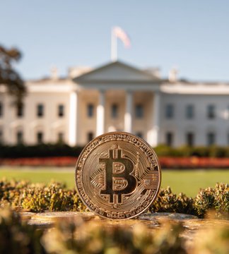 A gold Bitcoin token stands in the foreground with the White House blurred in the background, visually symbolizing the U.S. government's new Strategic Bitcoin Reserve initiative. The iconic "₿" symbol on the coin ties directly to the announcement of a national crypto strategy being formalized at the federal level.