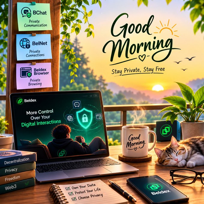 'Good Morning - Stay Private, Stay Free' promotional image for BChat, BelNet, and Beldex Browser, showing a laptop, coffee mug, sleeping cat, and books on privacy-themed topics.