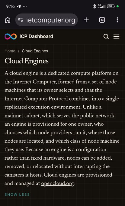 A mobile screenshot of the ICP Dashboard on internetcomputer.org, showing a description of 'Cloud Engines' as dedicated compute platforms formed from node machines on the Internet Computer.
