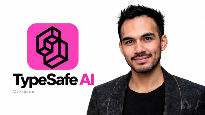 Logo for 'TypeSafe AI' in pink and black geometric design next to a smiling man in a dark blazer, with the handle '@vikktorrre' displayed below.