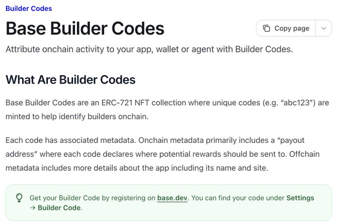 A documentation page titled 'Base Builder Codes' explaining that they are an ERC-721 NFT collection used to identify builders onchain and attribute activity, with instructions to get a Builder Code via base.dev.