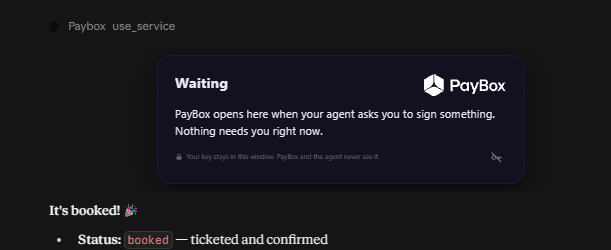 A screenshot of a 'PayBox use_service' interface showing a 'Waiting' popup that reads 'PayBox opens here when your agent asks you to sign something. Nothing needs you right now,' with a booking status below indicating 'booked — ticketed and confirmed.'