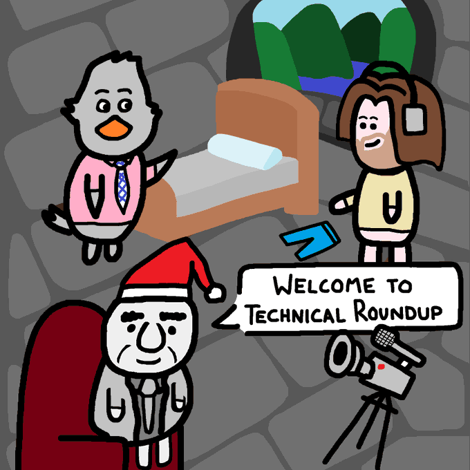 The image is a cartoon illustration for the "Technical Roundup" show, featuring three bird-like characters in a stone room with a bed—one wearing a tie, one wearing headphones, and one in a Santa hat behind a desk with a camera setup. The accompanying post mentions it was a weekend stream featuring guests @cobie, @DonAlt, and @CryptoCred, suggesting the three bird characters represent these crypto commentators on the Technical Roundup podcast.