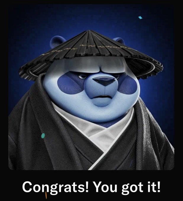 A stylized blue panda-like character wearing a conical hat and robe appears against a dark blue background, with large white text below reading “Congrats! You got it!”