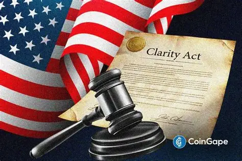 The image shows a wooden judge's gavel alongside the American flag and a document titled "Clarity Act," symbolizing the legislative/judicial nature of the bill's progression. The CoinGape watermark is visible in the bottom right. The imagery visually reinforces the post's discussion of the prediction market odds for the CLARITY Act's passage through Congress.