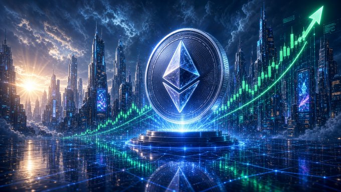 A futuristic cityscape at night featuring a glowing Ethereum coin in the center, overlaid with a green upward-trending stock chart line.