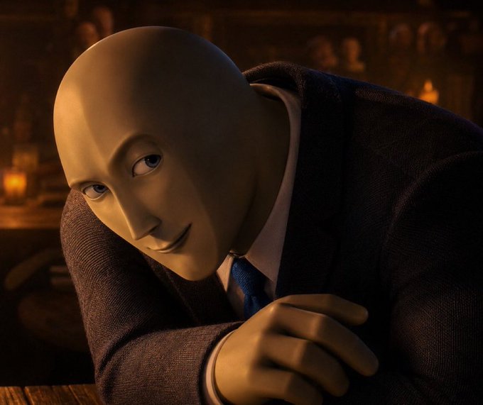 A close-up of an animated bald character in a dark suit and blue tie with a slight smile, set in a dimly lit interior with warm background lighting.