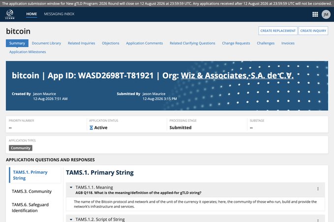 The image shows the ICANN application submission page for the .bitcoin gTLD (Application ID: WASD2698T-T81921) by Wiz & Associates, S.A. de C.V., which is consistent with the post announcing the official submission of the .bitcoin top-level domain application for Community Priority Evaluation.