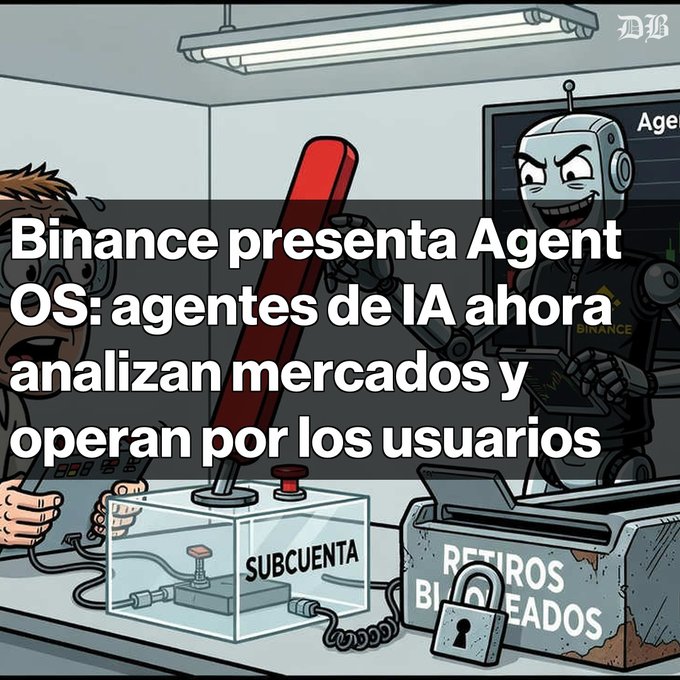 A Spanish-language Binance news illustration stating 'Binance presenta Agent OS: agentes de IA ahora analizan mercados y operan por los usuarios', showing a robot labeled 'Agent' next to a 'SUBCUENTA' box and a locked 'RETIROS BLOQUEADOS' box.