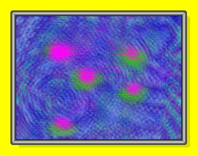 A framed abstract artwork with a vibrant, textured pattern of blue and purple hues accented by bright pink and green spots, set against a bright yellow background.