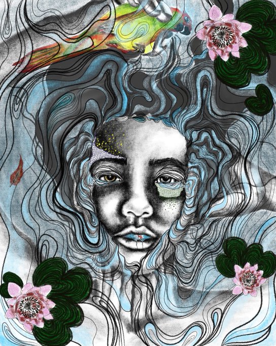 A surreal mixed-media illustration of a face with flowing blue and gray hair, surrounded by pink lotus-like flowers and abstract colorful elements.
