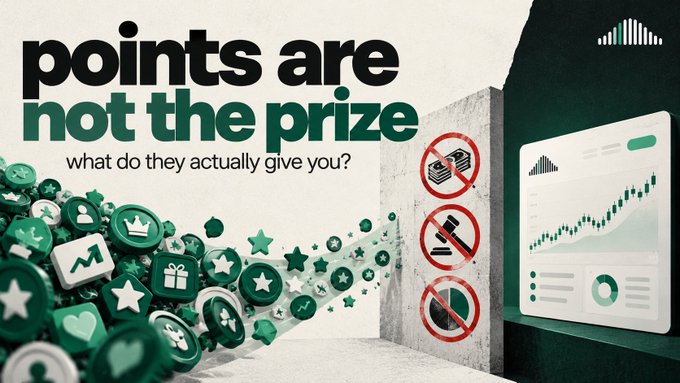 An advertisement titled 'points are not the prize - what do they actually give you?' shows green tokens flowing toward a wall with prohibited items (money, hammer, pie chart) and a dashboard with a rising graph.