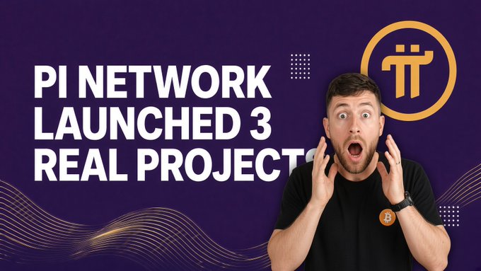 A man in a black Bitcoin-branded shirt makes an excited, shocked expression with his hands raised by his face in front of a purple background featuring a large Pi Network logo and the bold text "PI NETWORK LAUNCHED 3 REAL PROJECTS," visually echoing the post's enthusiastic cheer for Pi Network's milestone announcement.