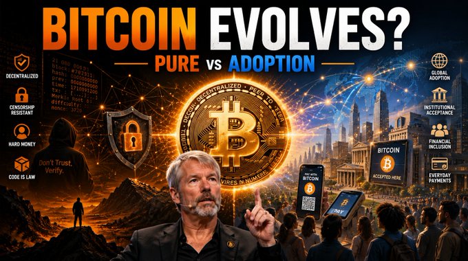 A YouTube thumbnail titled 'BITCOIN EVOLVES? PURE vs ADOPTION' featuring Michael Saylor pointing upward, surrounded by themes of decentralization, censorship resistance, hard money, and global Bitcoin adoption with QR codes and payment symbols.