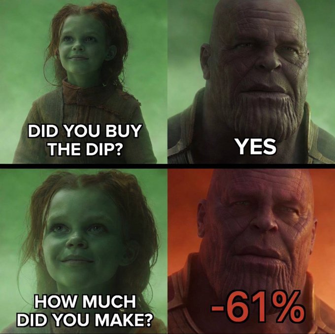 A four-panel meme featuring Thanos and a young girl: the girl asks "DID YOU BUY THE DIP?" Thanos replies "YES," then she asks "HOW MUCH DID YOU MAKE?" and he responds "-61%."