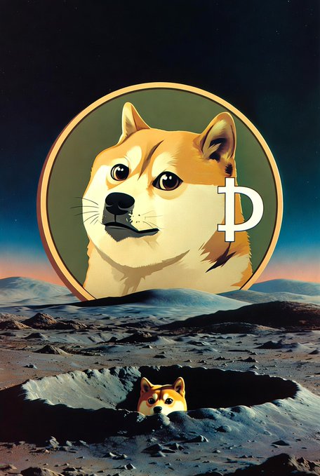 A surreal artwork combining Doge and Dogecoin imagery, showing a large Shiba Inu portrait with a Dogecoin (Ð) symbol, and a small Shiba peeking out from a crater on a lunar landscape.