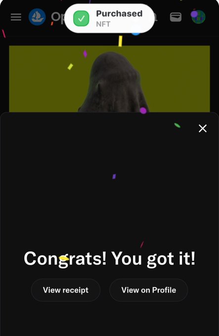A mobile app notification displaying 'Purchased NFT' with the message 'Congrats! You got it!' along with options to 'View receipt' and 'View on Profile' overlaid on a dark image.