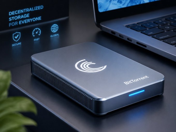 A sleek BitTorrent-branded storage device sits on a desk beside a laptop, illuminated by a display highlighting "Decentralized Storage for Everyone" with "Secure," "Fast," and "Global" icons—visually reinforcing the message of BTFS as an eco-friendly, efficient Web3 storage solution that repurposes idle global hardware.