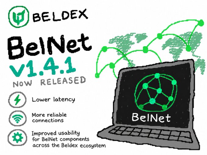 A hand-drawn illustration announcing 'BELDEX BelNet v1.4.1 NOW RELEASED' featuring features like 'Lower latency', 'More reliable connections', and 'Improved usability for BelNet components across the Beldex ecosystem' alongside a drawing of a laptop displaying the BelNet logo.