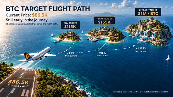 The image is an "BTC Target Flight Path" graphic showing a plane taking off from a starting point of $86.5K and ascending toward three progressive targets: $115K (+45%), $155K (+95%), and an 8-year goal of $1M/BTC (+1,158%)—visually echoing the post's flight-themed message that Bitcoin's journey is "still early in the journey."