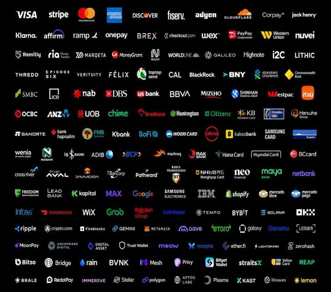 Black background displaying a large grid of company logos including Visa, Stripe, Mastercard, Cloudflare, Coinbase, BlackRock, Ripple, MetaMask, Solana, and many other fintech, banking, and crypto brands.