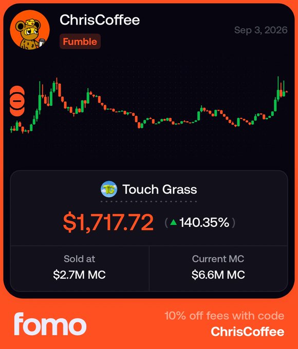 A Fomo app notification for 'ChrisCoffee' dated Sep 3, 2026 showing a 'Fumble' alert with a price chart, the token 'Touch Grass' at $1,717.72 (+140.35%), sold at $2.7M MC, current MC $6.6M MC, and a promo code 'ChrisCoffee' for 10% off fees.