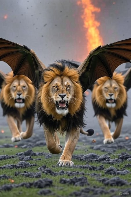 A dramatic fantasy image of three roaring lions running across a field, with the central lion sporting large bat-like wings and flames rising in the background, created with Grok AI.