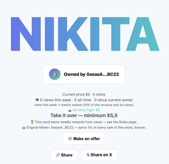 A digital listing page for the word 'NIKITA' owned by OxeaeA...BC22, with a current price of $5 and a 'Make an offer' button.