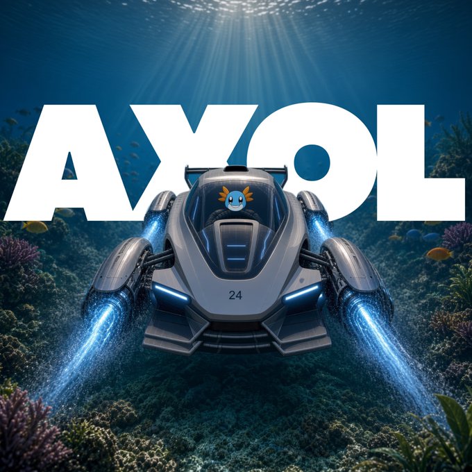 A futuristic underwater vehicle with blue thrusters is displayed against a coral reef background with the large white text 'AXOL' and a small axolotl icon.