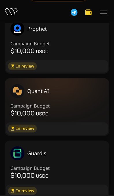 The image shows a phone screen displaying three different campaigns for various creators. The creator campaigns are organized into three columns, each representing a different creator or project. The first column features a campaign for "Guardis", while the second column displays a campaign for "B Guardis" and the third column showcases a campaign for "Gardis". 

The phone screen also includes a review section with various campaigns listed along with their respective reviews, indicating that the creator campaigns are being evaluated based on user feedback. The image is accompanied by a caption that reads: "What @wallchain is building around creator campaigns is honestly pretty interesting Instead of blindly paying large accounts, the system focuses more on audience quality, niche relevance, and matching creators with projects their followers actually care about That changes a".