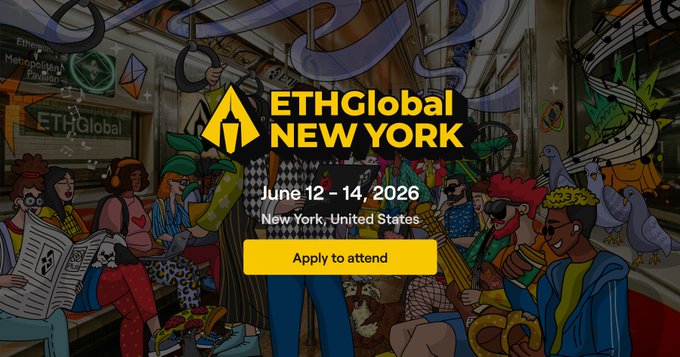 The image shows a poster for an event called "ETHGlobal New York". The poster features a cartoon of people riding a train, with the text "ethglobals new york" written above them. There are also some other texts on the poster that read "apply to attend", "June 12 - 14", and "New York United States". The event is scheduled for June 12-14 in New York City, and it has been confirmed that there will be 16 partners connected. Additionally, a hackathon is being held at this location, which means that there are prizes available for those who participate.