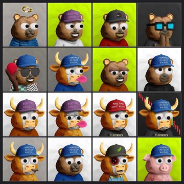 A 4x4 grid of cartoon cow characters wearing various hats and accessories with different facial expressions on colored backgrounds.