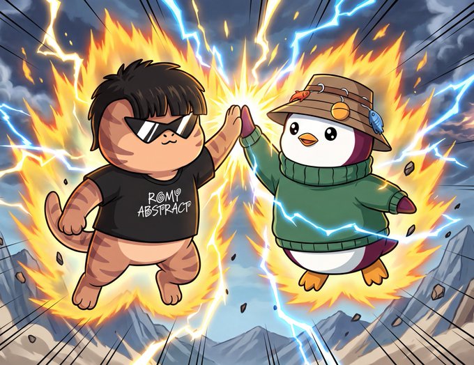 An anime-style illustration shows a cat in sunglasses and a black "ROMY ABSTRACT" t-shirt high-fiving a penguin in a bucket hat and green sweater, surrounded by dramatic flames and lightning. The epic, energetic scene humorously visualizes the post's claim that Romy is secretly "cooking" something big behind the scenes.