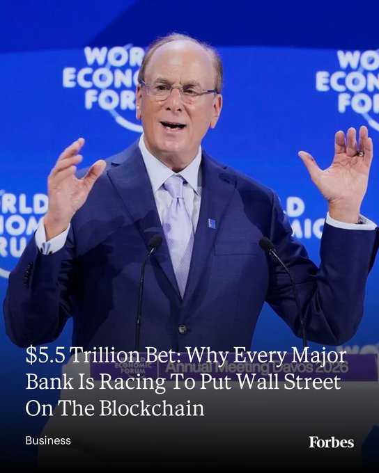 A man in a blue suit and light tie speaks at a podium at the World Economic Forum Annual Meeting Davos 2020, with a headline reading "$5.5 Trillion Bet: Why Every Major Bank Is Racing To Put Wall Street On The Blockchain" overlaid on the image alongside the Forbes logo. The post references this trend of major institutions moving toward blockchain-based financial markets, which the author uses to frame Mirex Network's mission of extending similar blockchain innovation beyond institutional players.