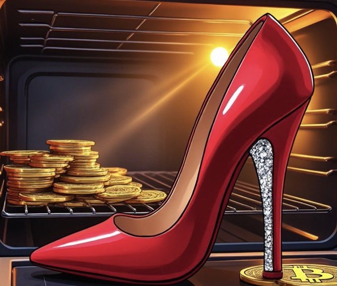 A glossy red high-heeled shoe with a rhinestone-encrusted heel and a gold Bitcoin coin base, set against the backdrop of a glowing oven with stacked gold coins on a rack.