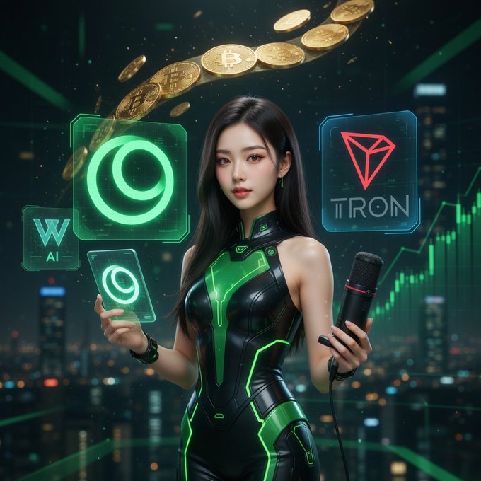 The image features a woman dressed in a futuristic outfit with green accents, holding a microphone and surrounded by various symbols related to cryptocurrency and technology. The background of the image shows a cityscape at night, with buildings illuminated against the dark sky. The caption for the image reads "just spent my evening listening to two back-to-back @KoloHub podcasts and my mind is fully reloaded".